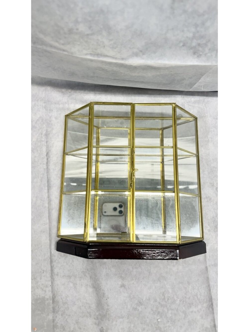MSR Glass Mirror Brass Display Curio 3 Shelf Wall Hanging Vintage 9x9